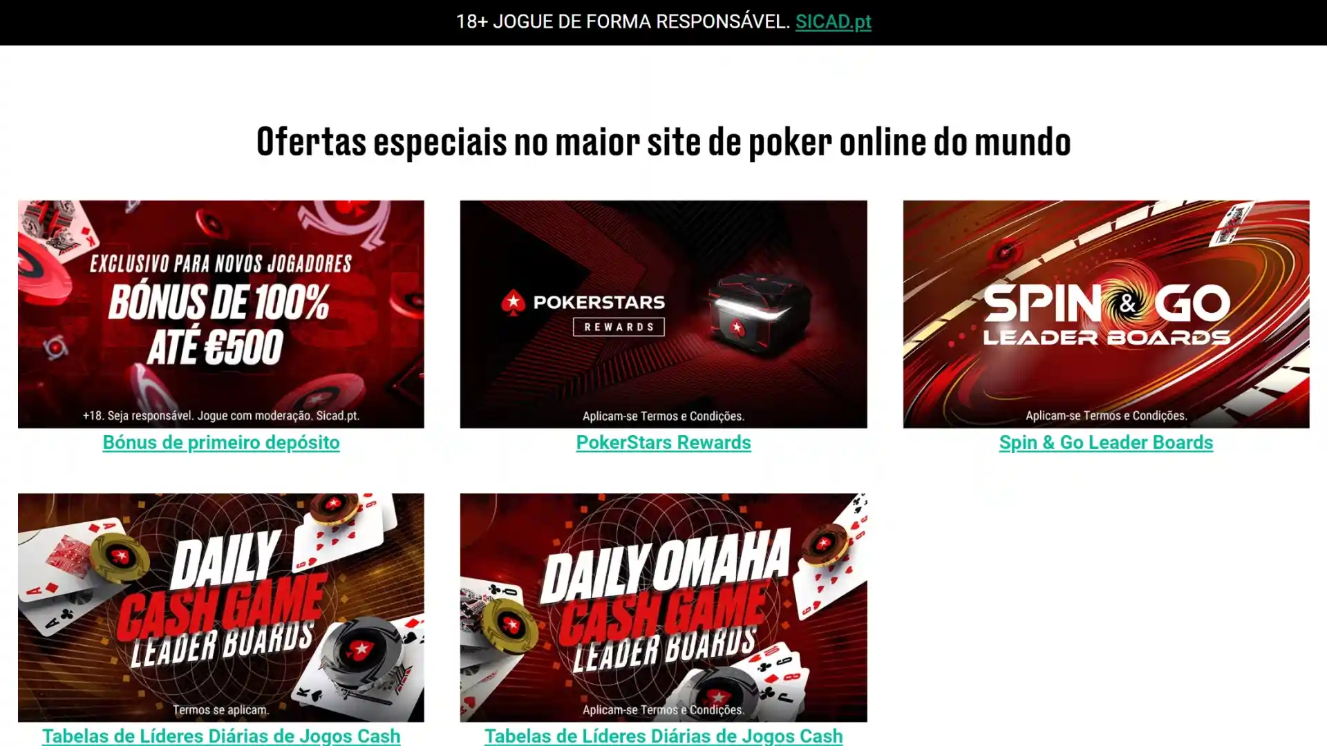 Screenshot mostra página de bónus da PokerStars