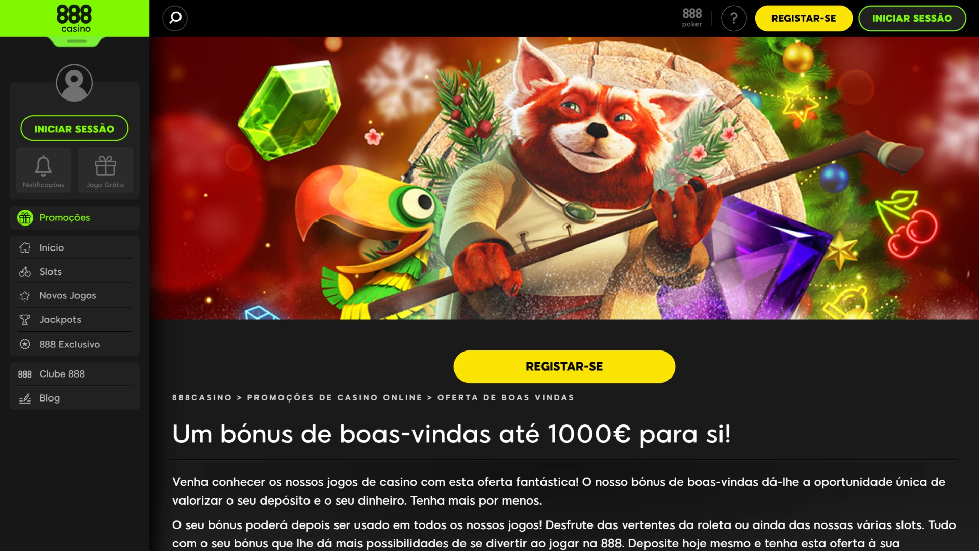 Captura mostra página de bónus do 888 Casino