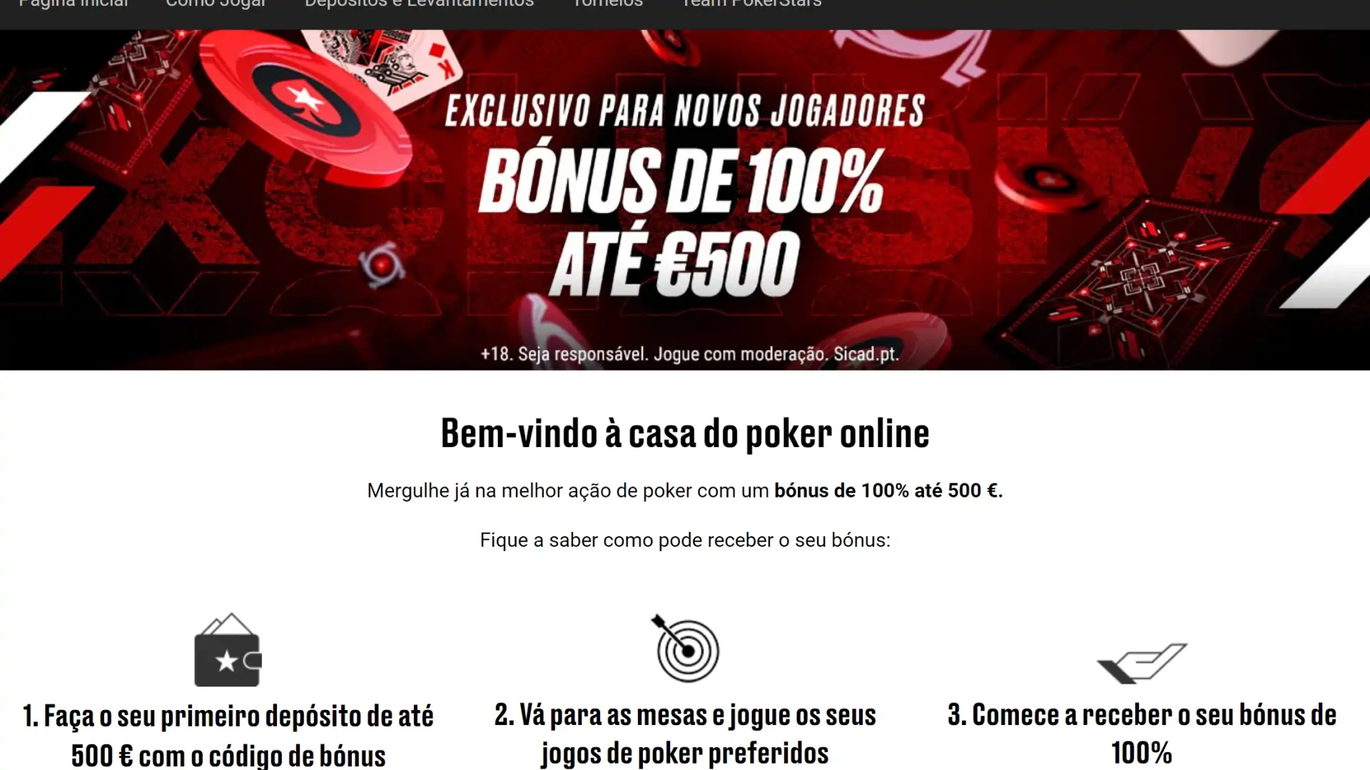 Screenshot mostra página de bónus da PokerStars