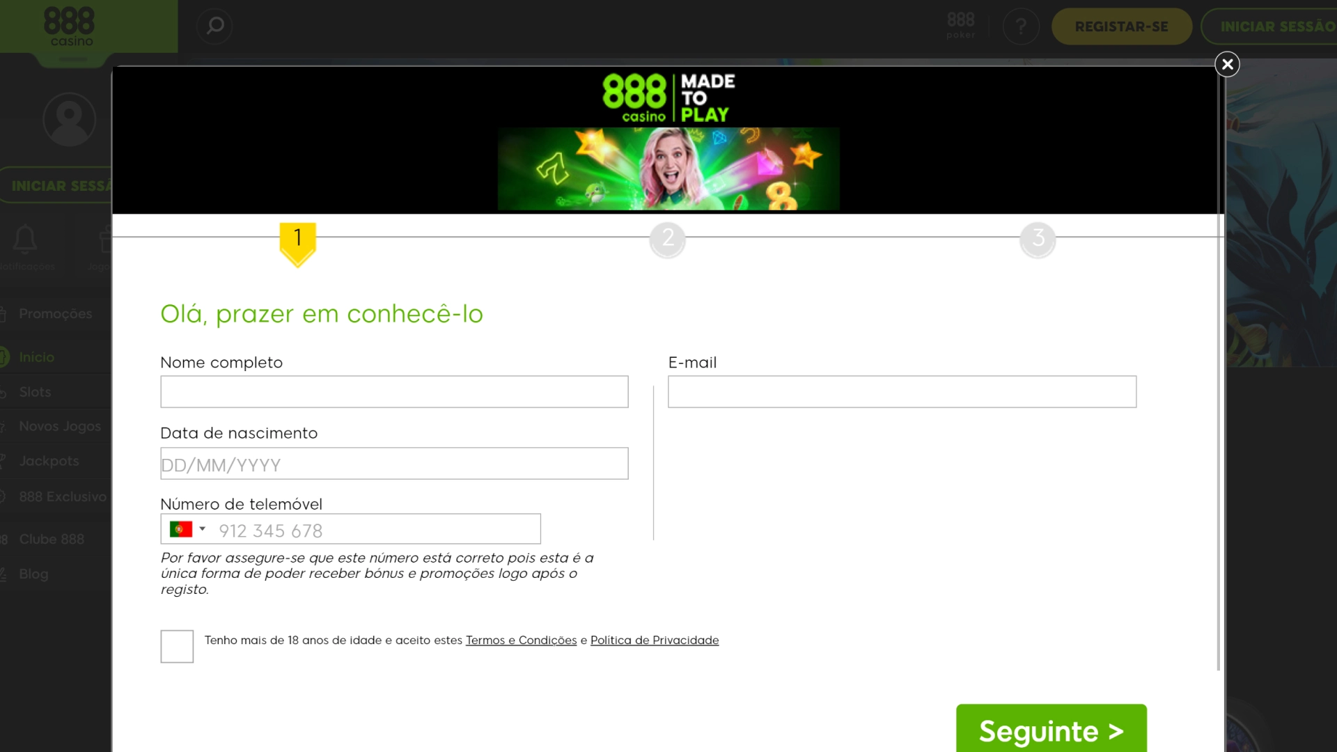 Captura mostra página de registo do 888 Casino