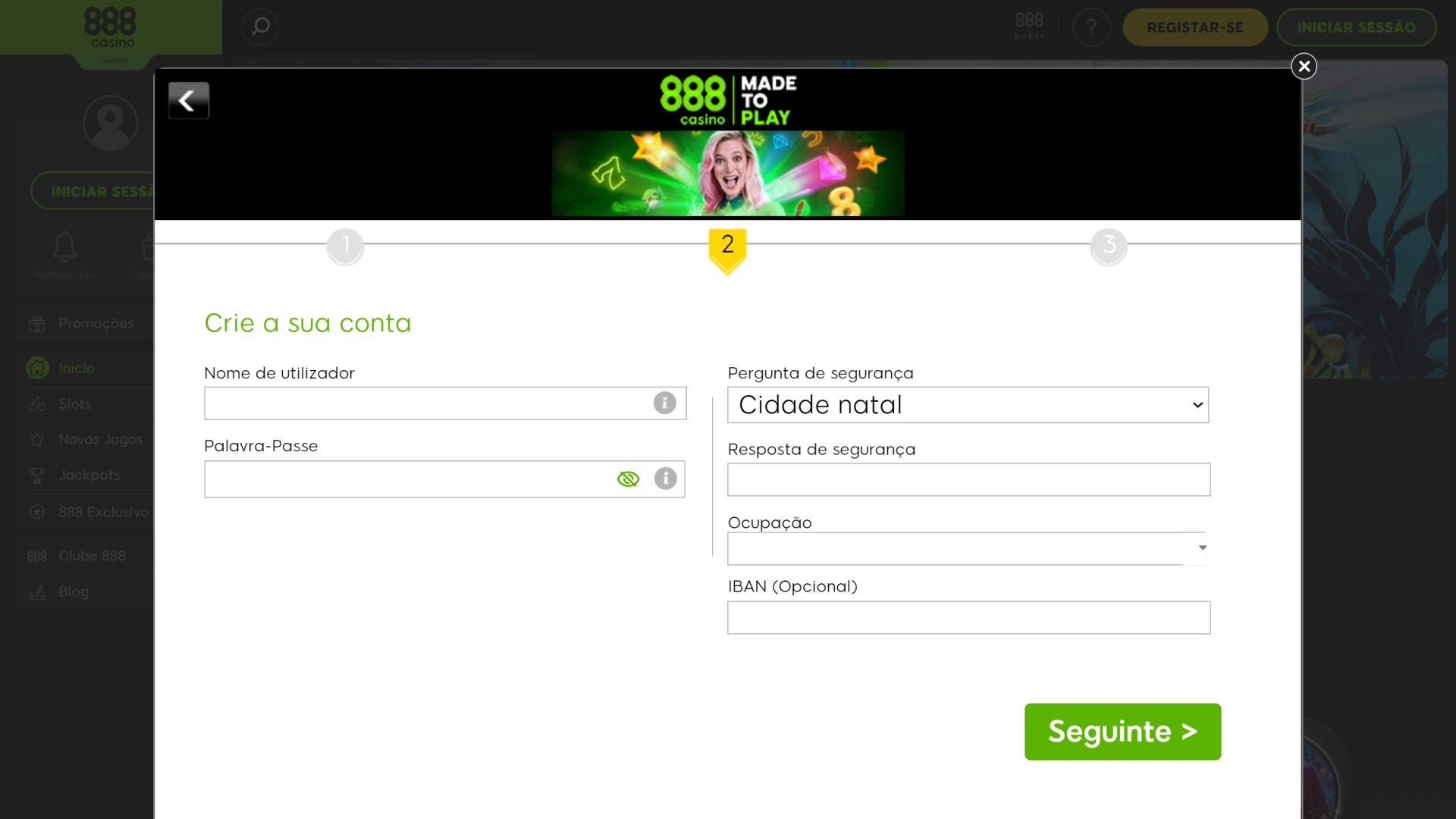 Captura mostra página de registo do 888 Casino