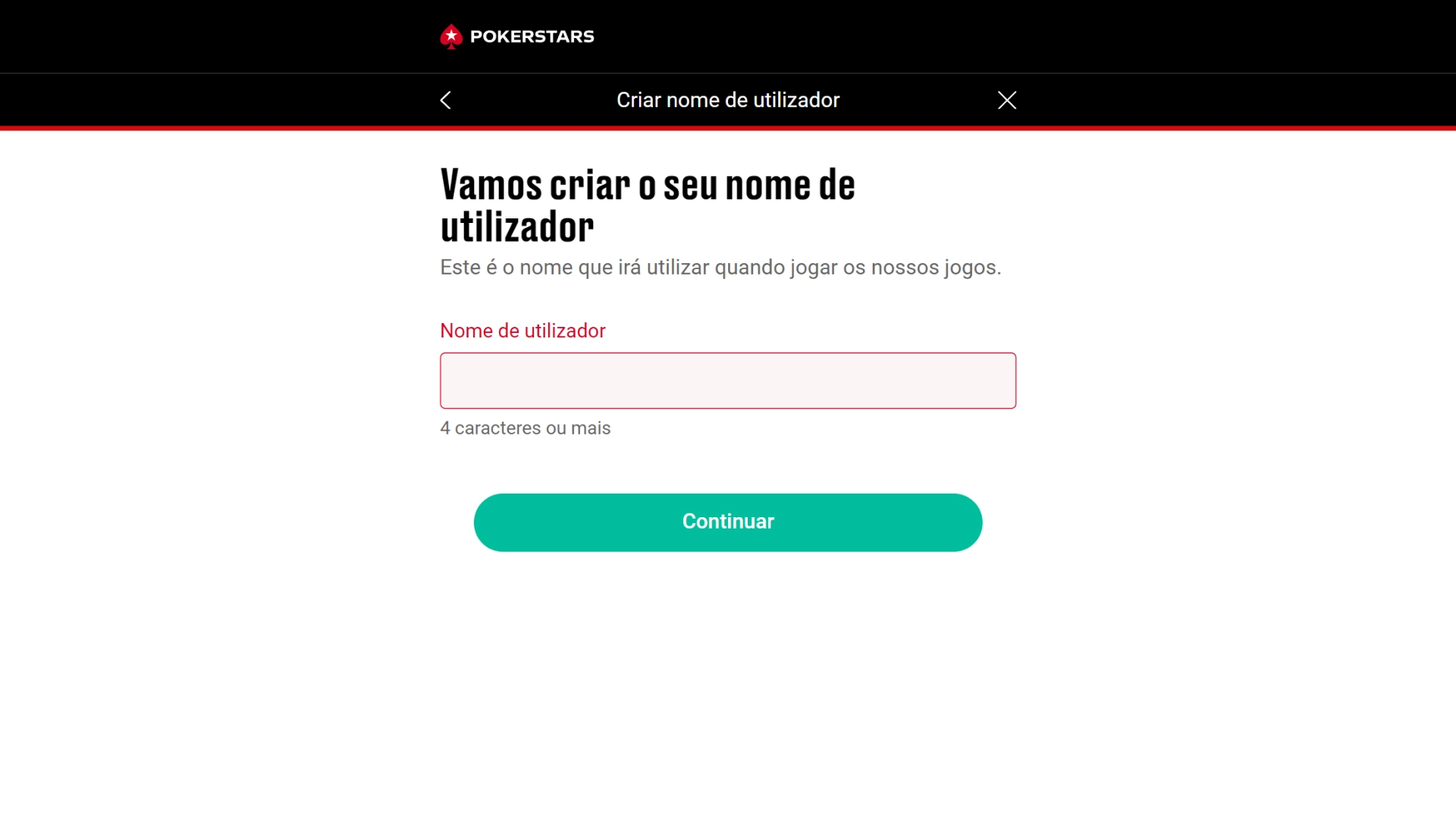 Screenshot mostra página de registo da PokerStars