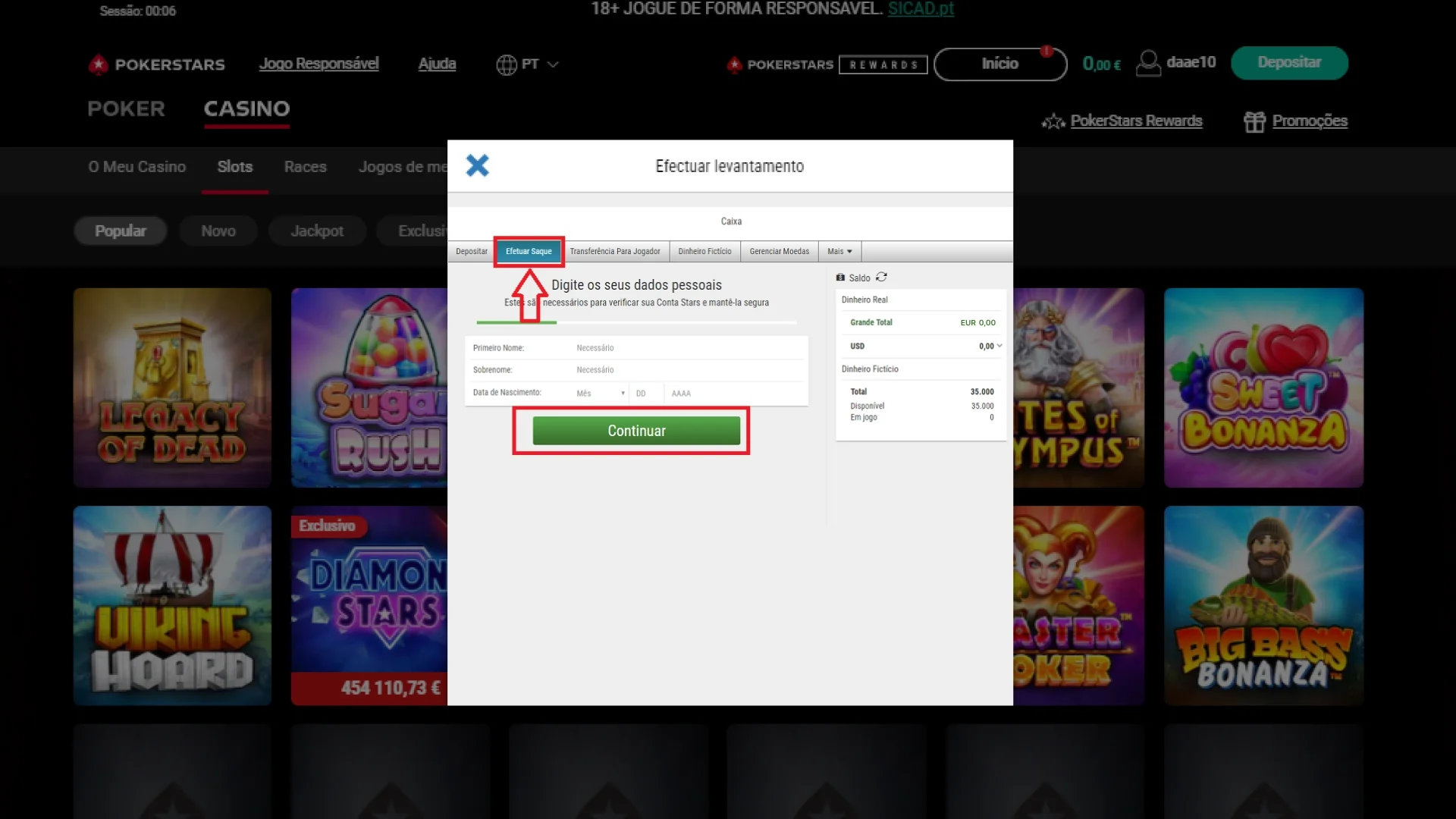 Screenshot mostra página de saque da PokerStars