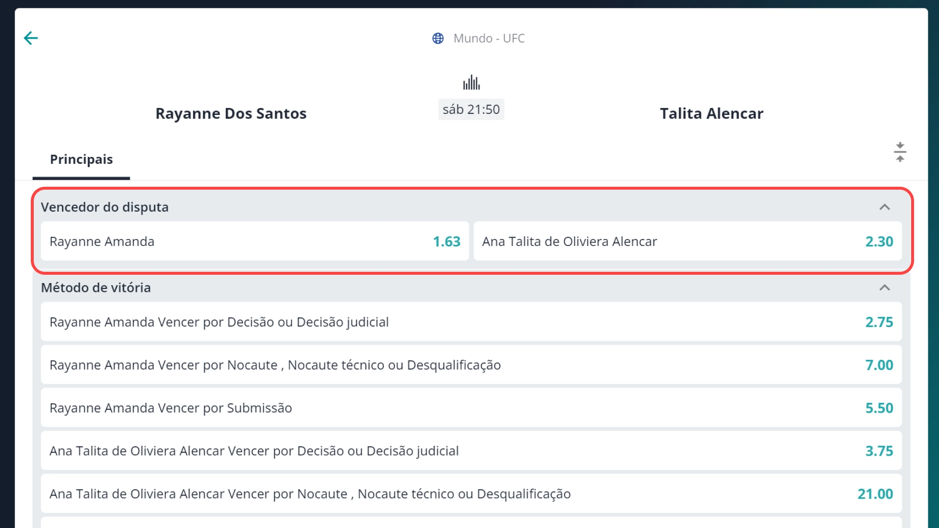 Screenshot mostra apostas vencedor da disputa na Novibet