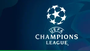 imagem contendo um fundo degradê preto e azul, e a logo oficial da Champions League