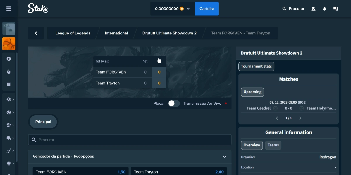Screenshot da página de apostas em league of legends