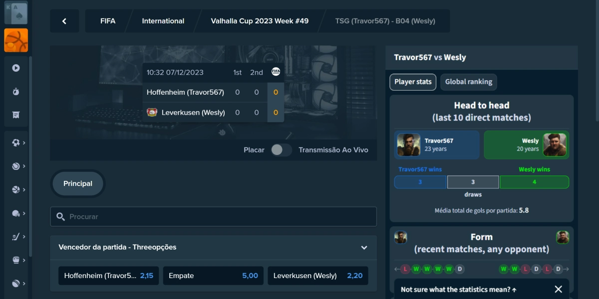Screenshot da página de apostas em FIFA