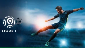Imagem de um jogador executando um chute no ar à direita e com a logo da Ligue 1 na esquerda