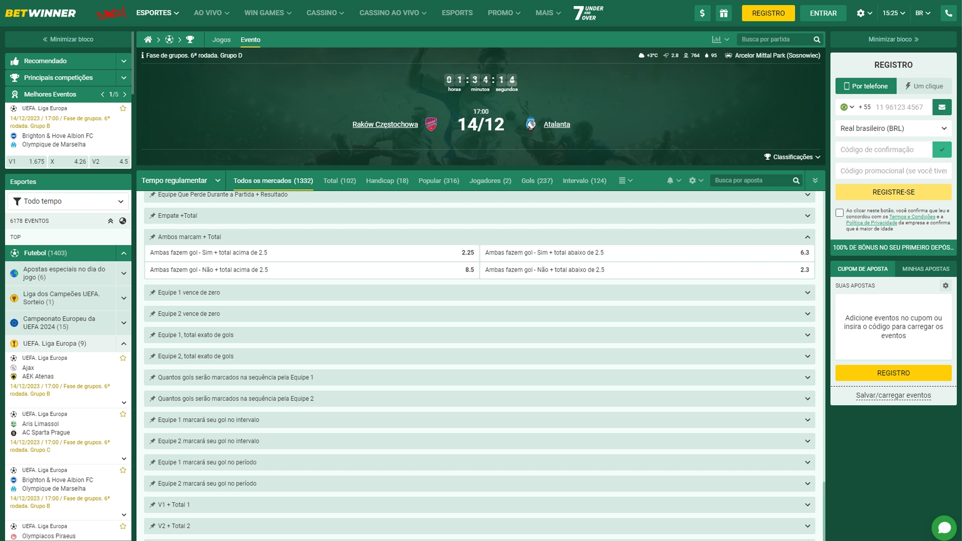 Screenshot mostra página de apostas em ambas marcam e total de gols