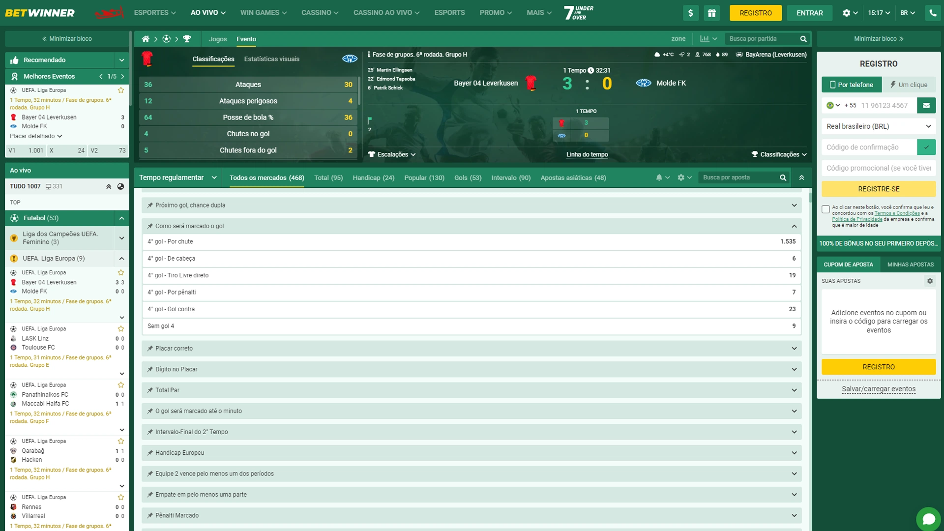 Screenshot mostra página de apostas em como será marcado o gol