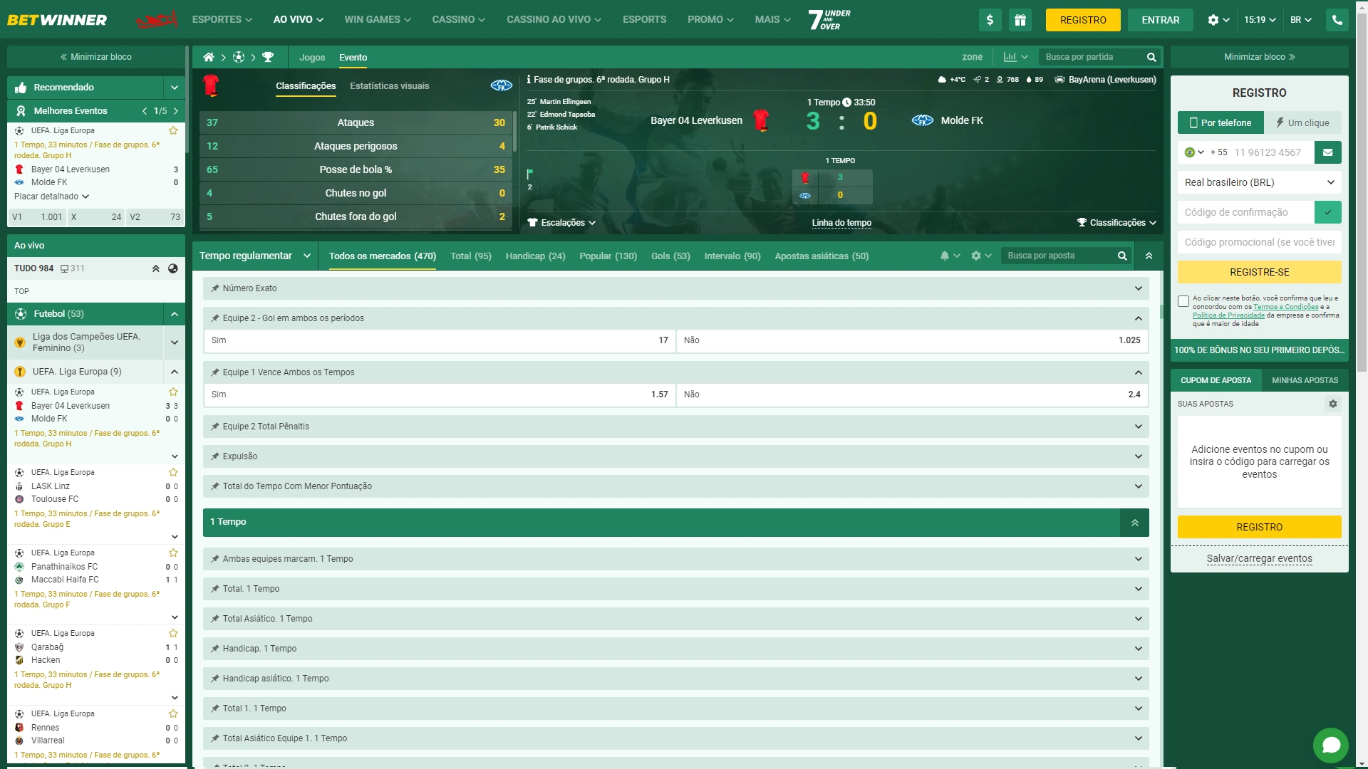 Screenshot mostra página de apostas em gol em ambos os períodos