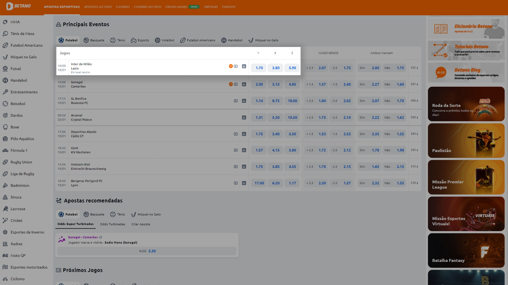 Print mostra página de apostas 1x2 da Betano