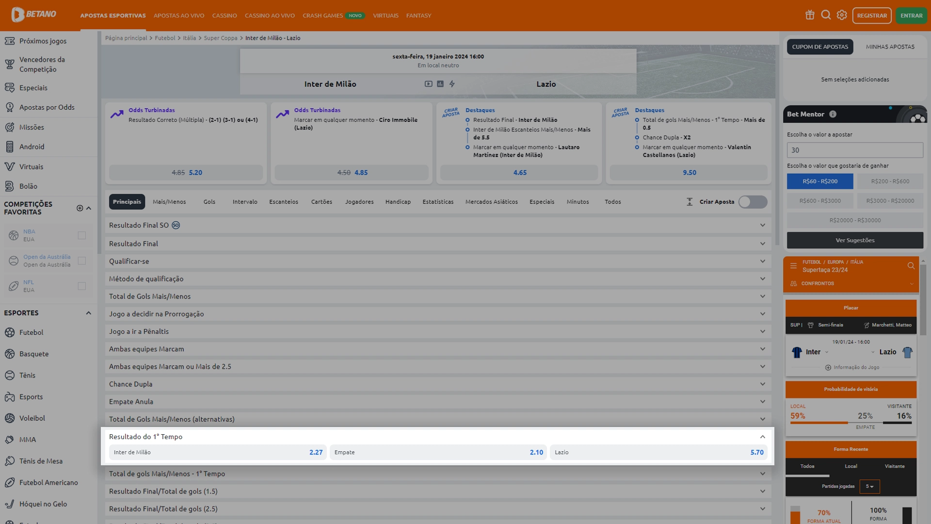 Print mostra página de apostas de cada tempo de jogo na Betano