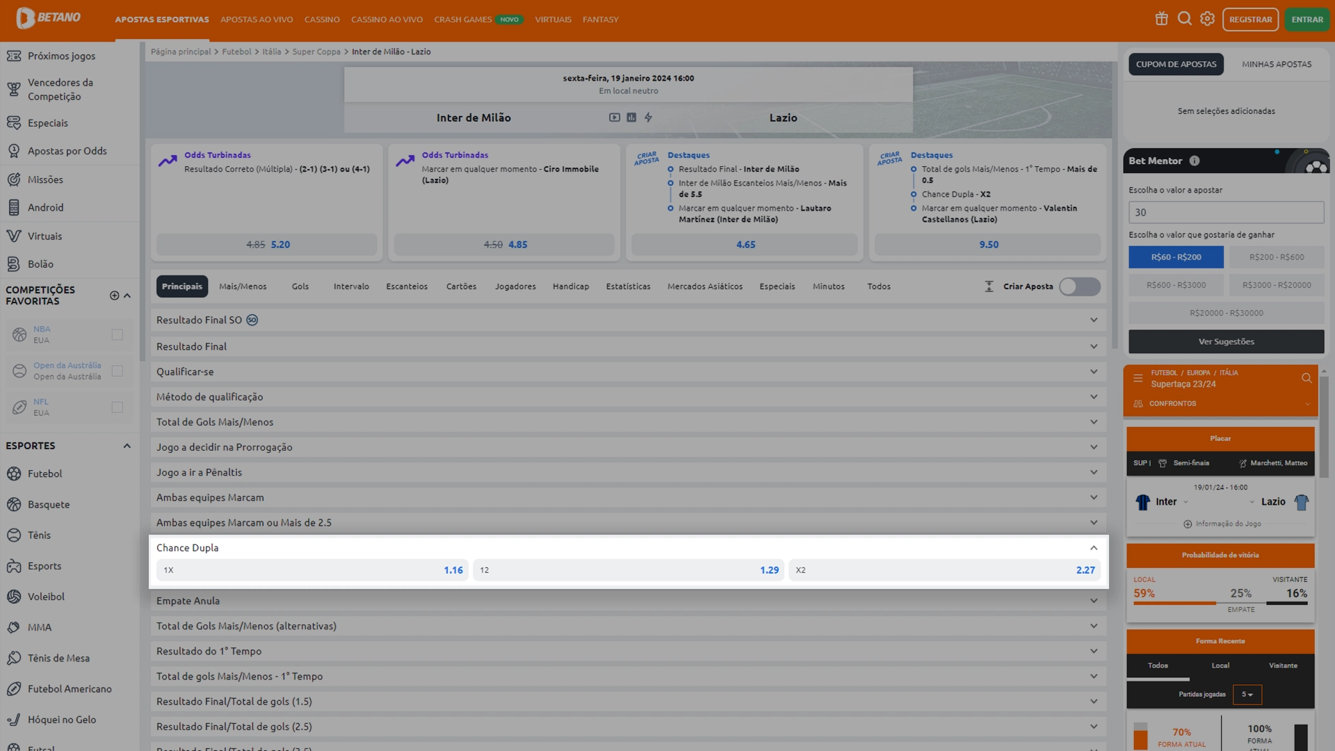 Print mostra página de apostas de chance dupla na Betano