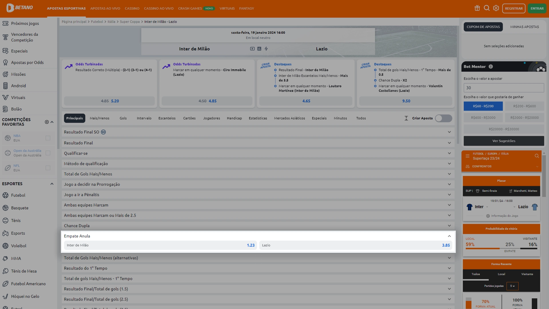 Print mostra página de apostas de empate anula aposta na Betano