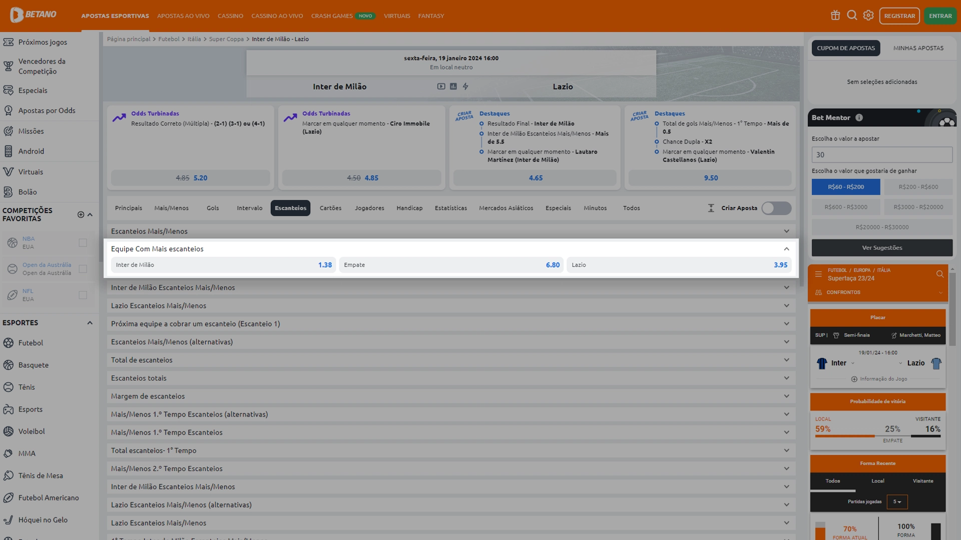 Print mostra página de apostas de escanteios na Betano