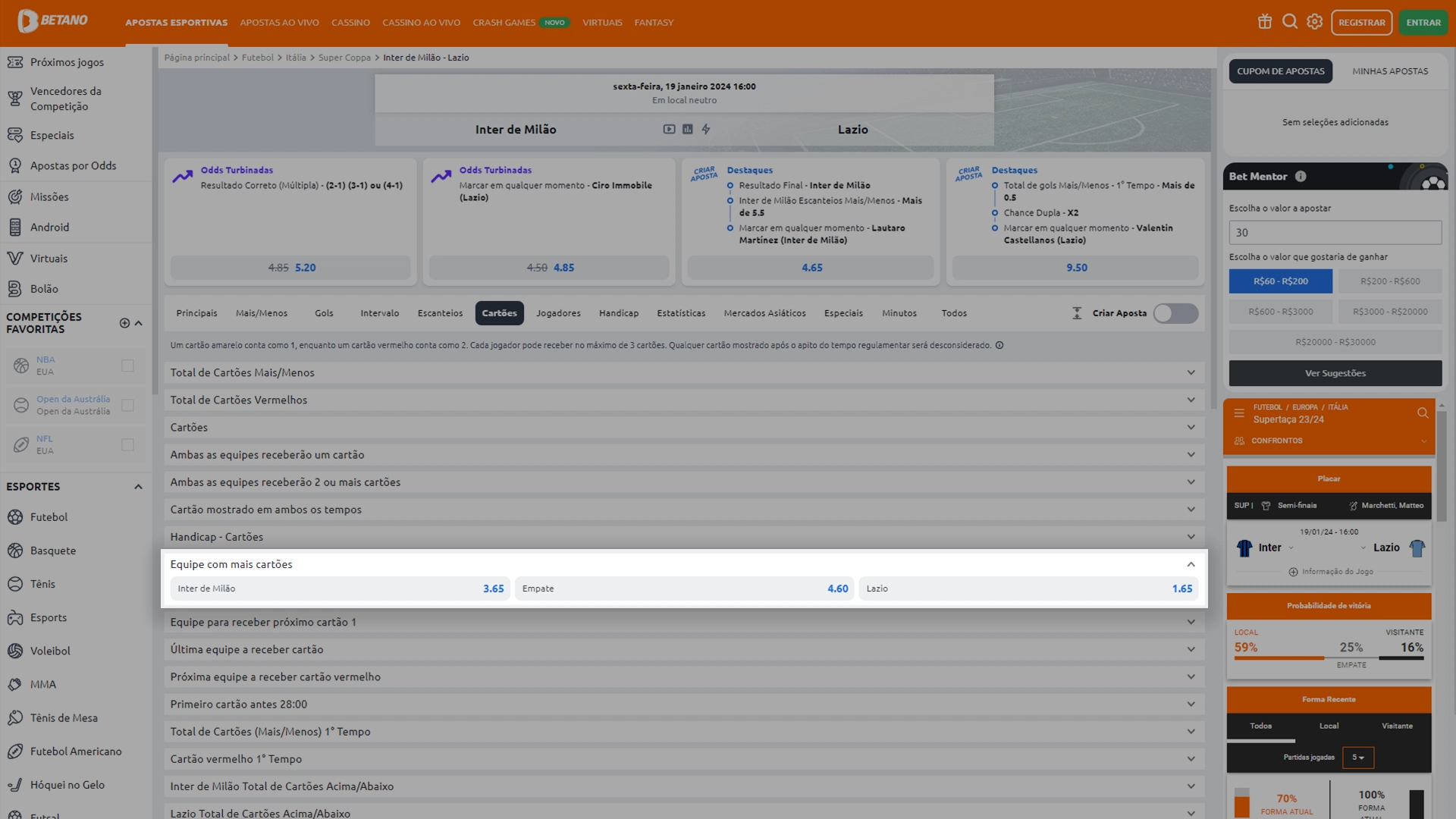 Print mostra página de apostas de mercado de cartões na Betano