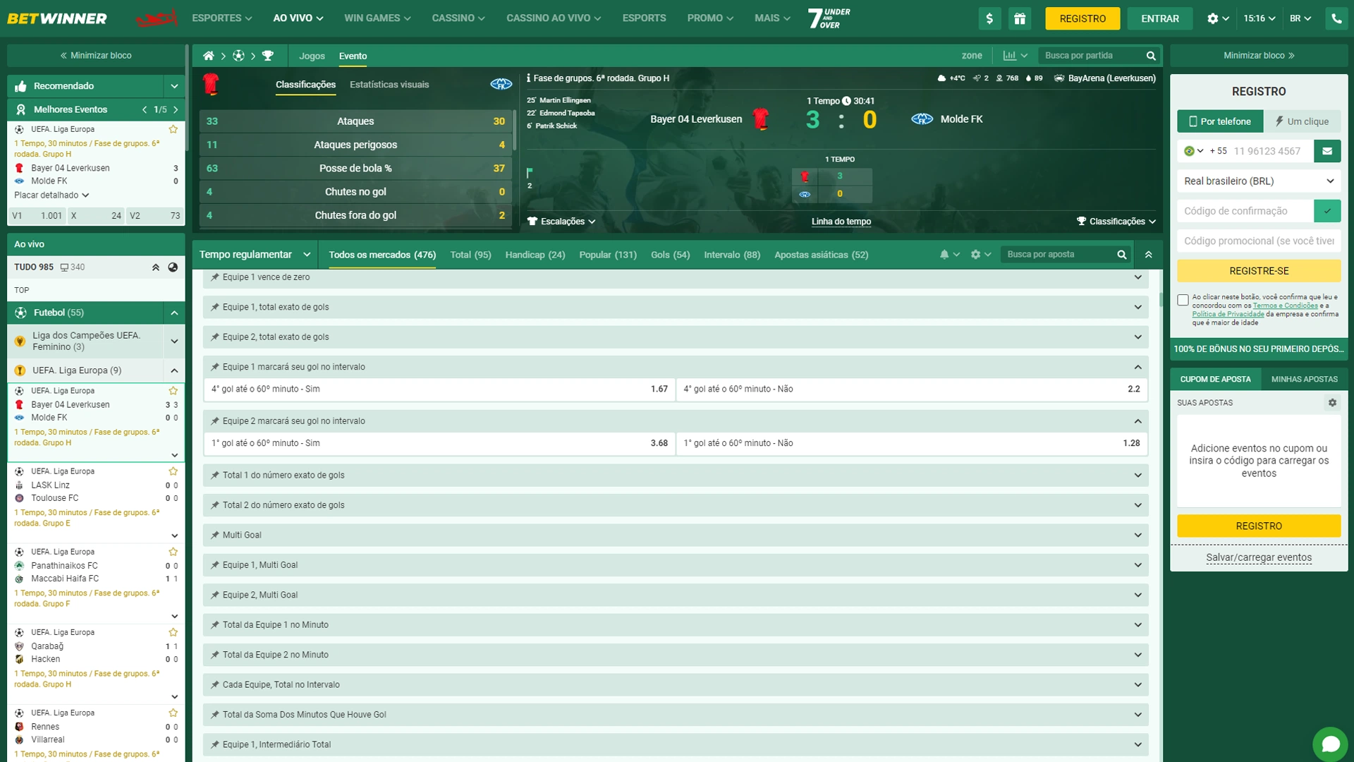 Screenshot mostra página de apostas em total de gols no intervalo