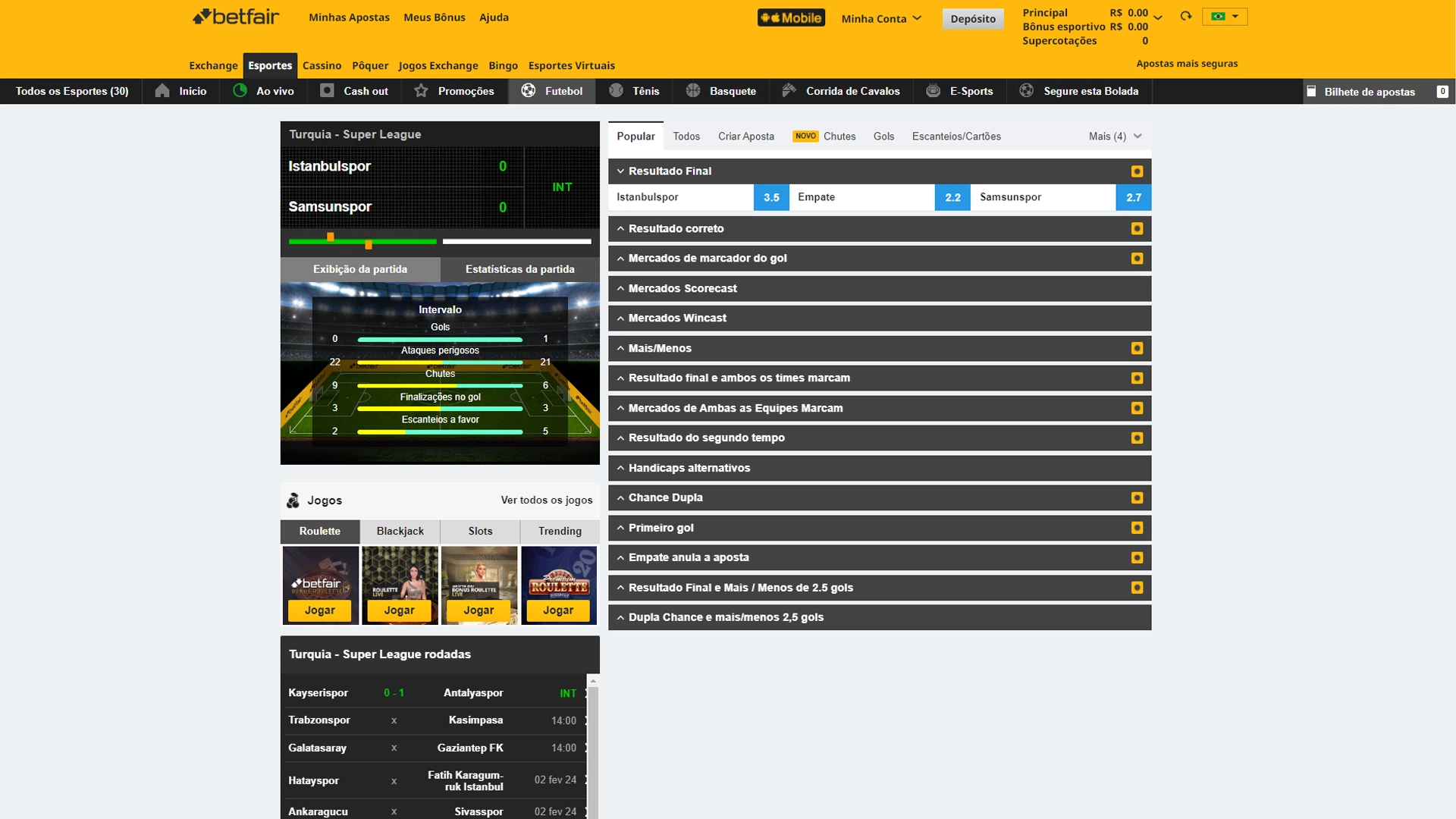 Print mostra página de mercado de apostas 1 x 2 da Betfair