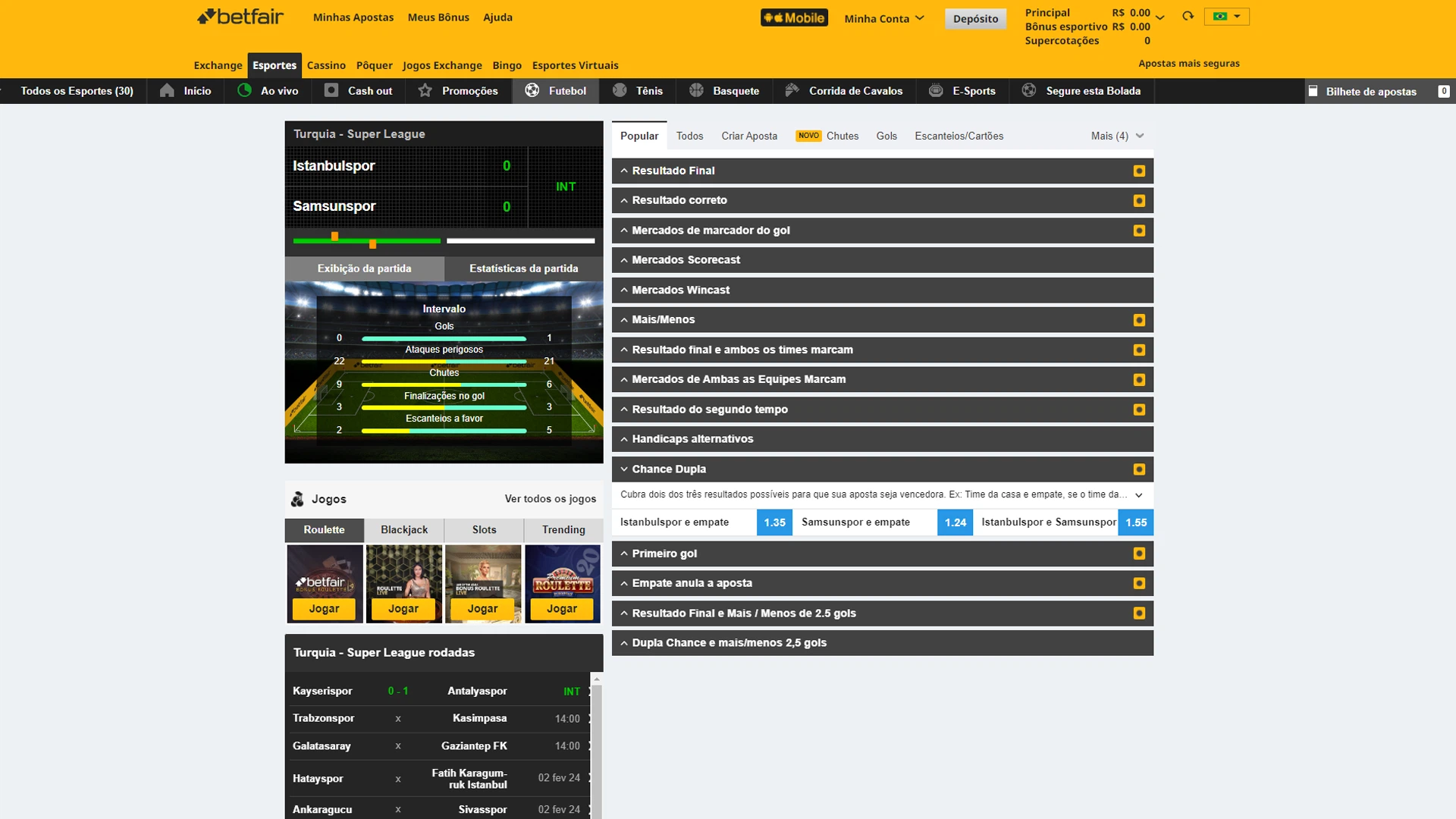 Print mostra página de mercado de apostas chance dupla da Betfair