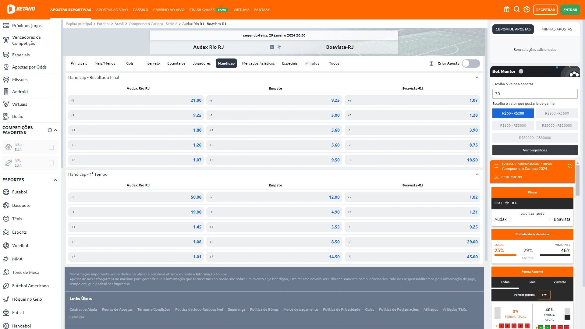 Print mostra página de mercado de apostas handicap da Betano
