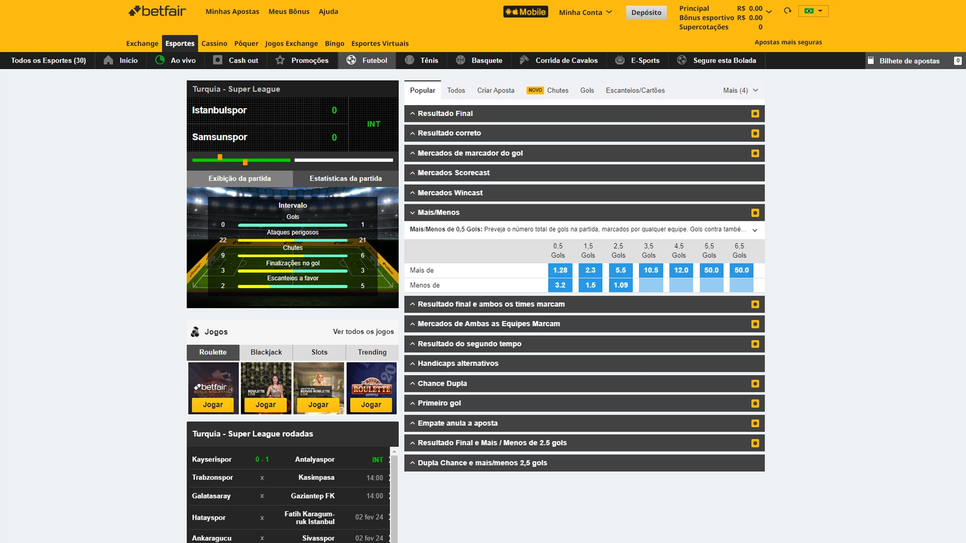 Print mostra página de mercado de apostas mais ou menos da Betfair