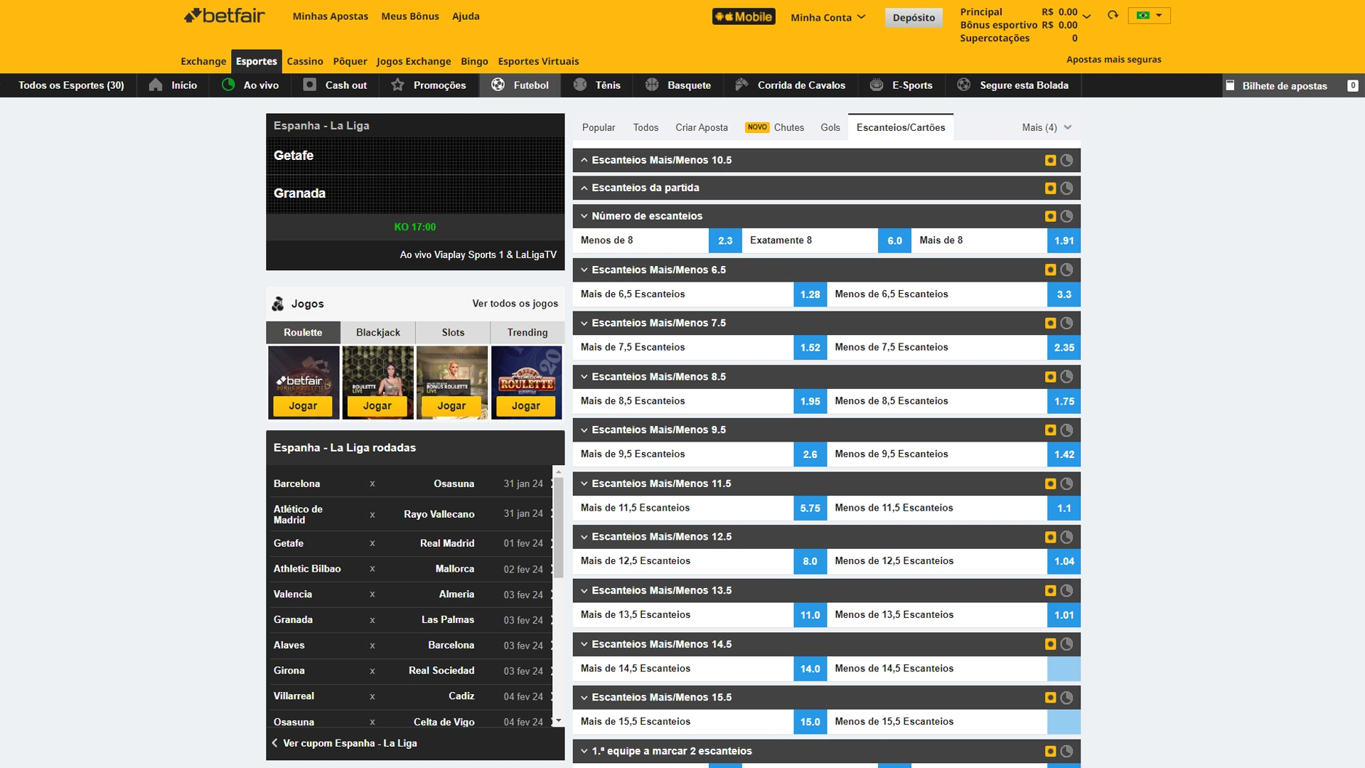 Print mostra página de mercado de apostas over/under da Betfair