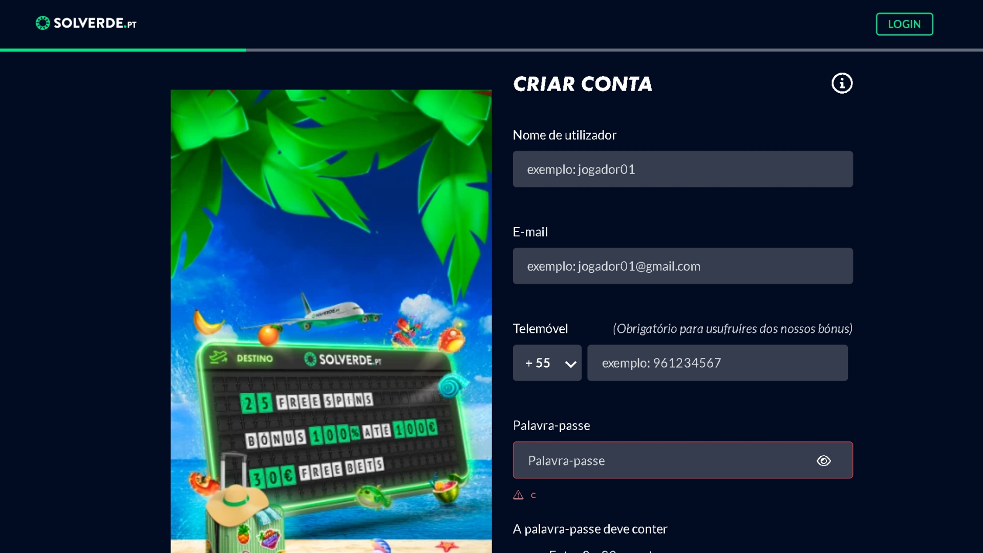 imagem captura mostra página de registro da Solverde