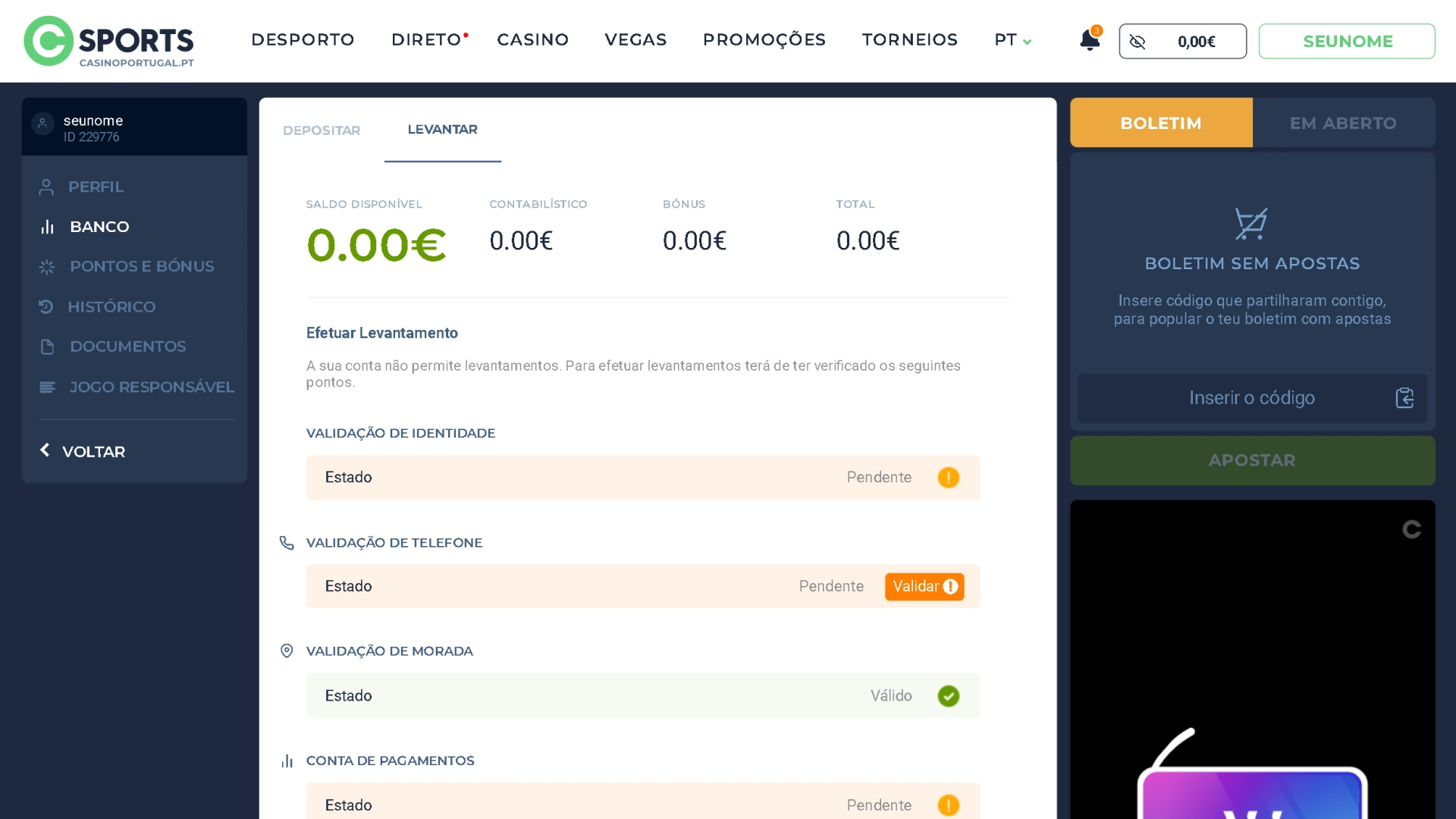 imagem Captura Página Levantar Casino Portugal