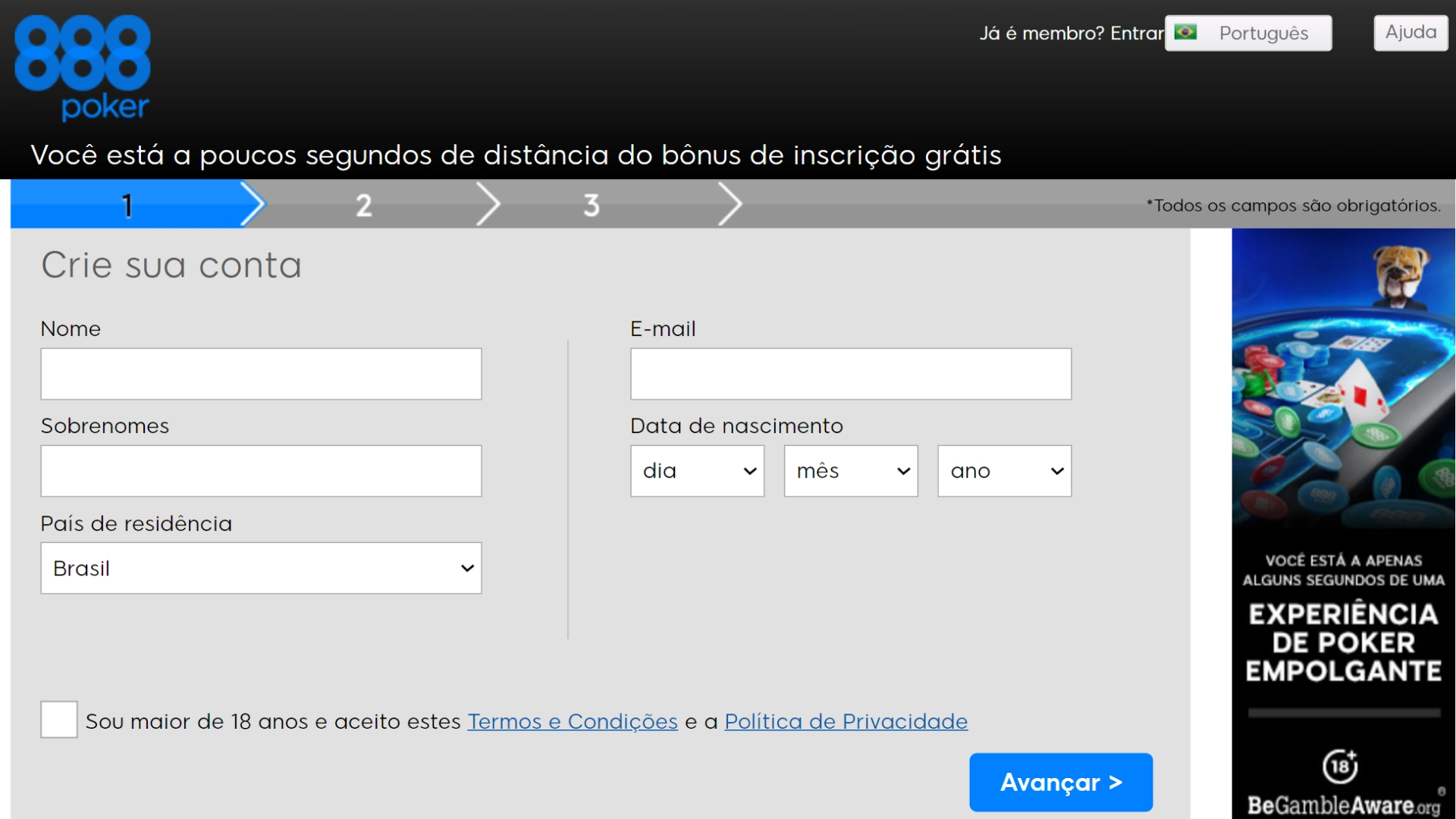 Imagem captura mostra página de registo da 888 Poker