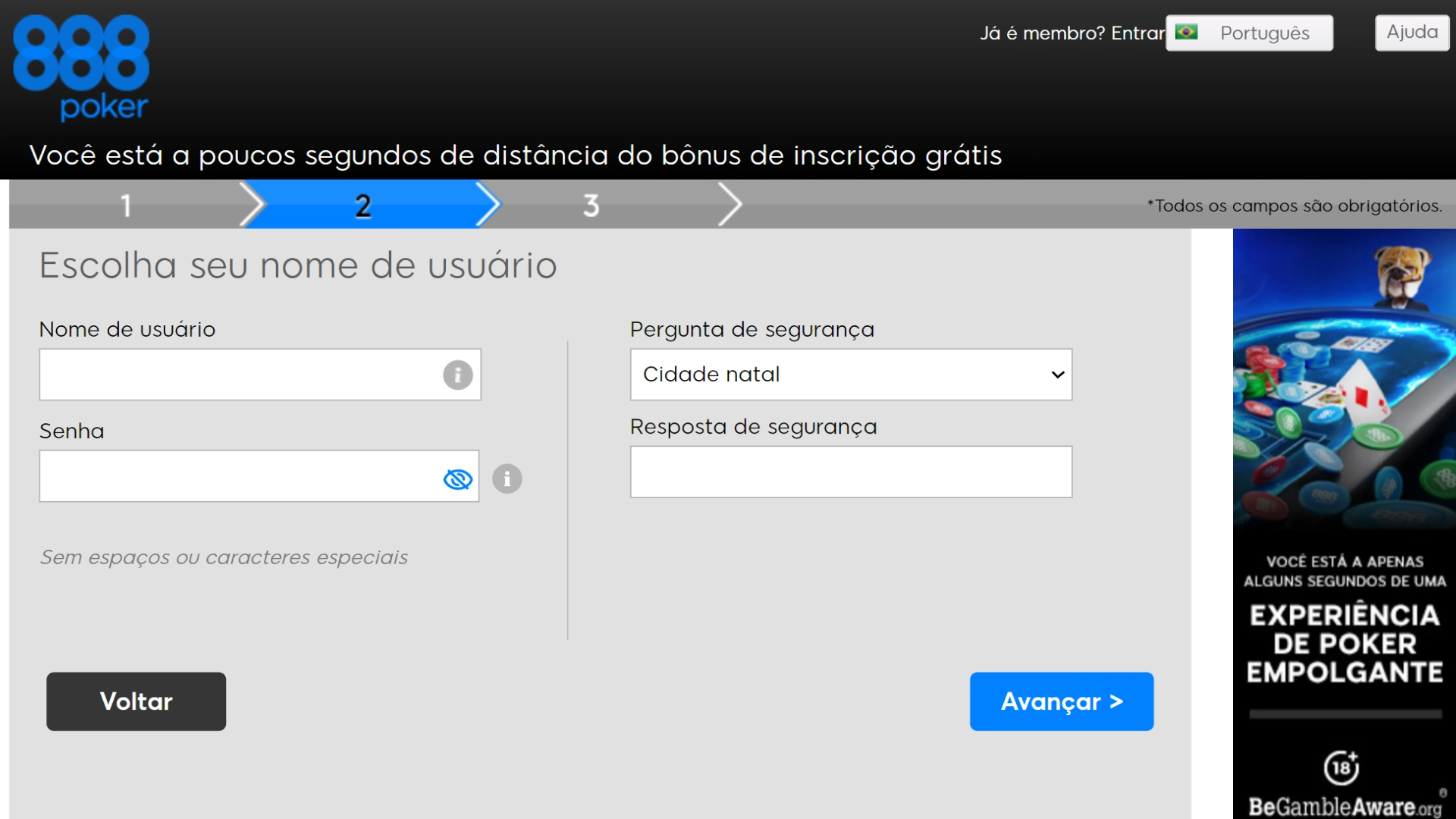 Imagem captura mostra página de registo da 888 Poker