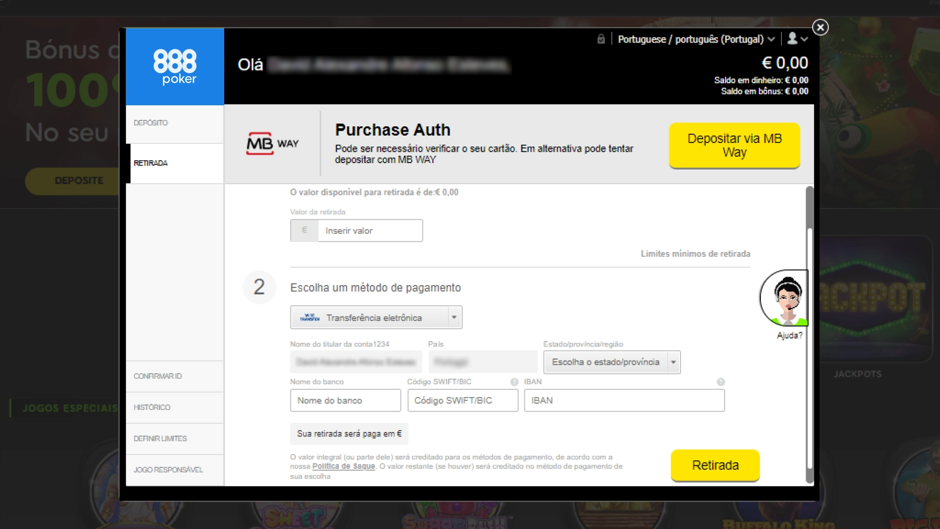 Imagem captura mostra página de saque da 888 Poker