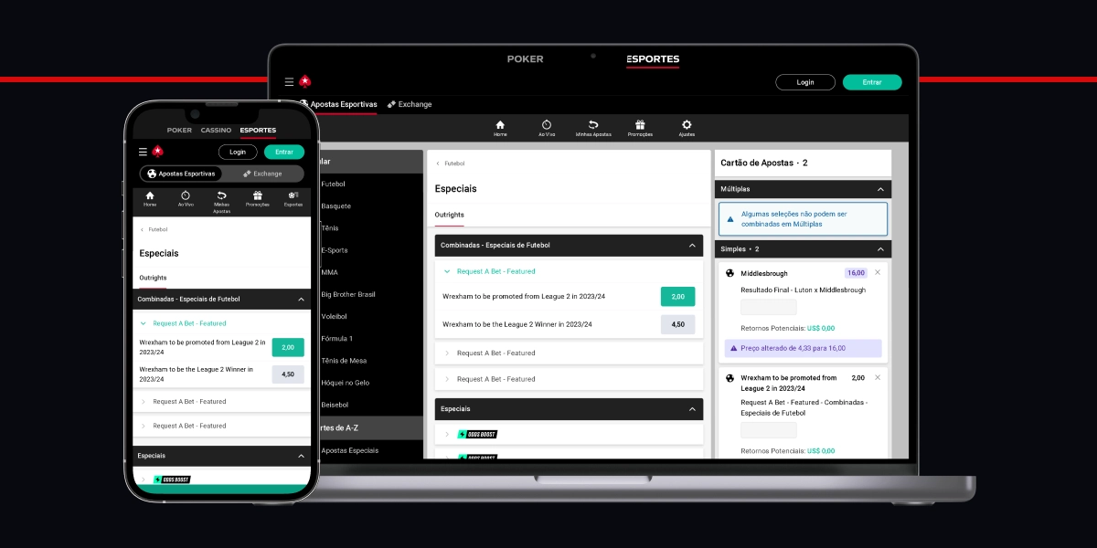 Imagem mostra smartphone e notebook abertos na área de bilhetes de aposta da PokerStars