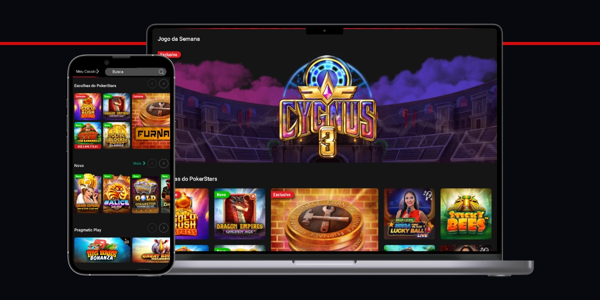 Imagem mostra smartphone e notebook abertos na página de cassino da PokerStars