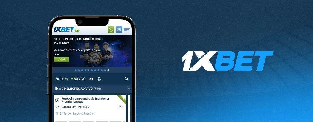 imagem mostra um smartphone aberta na página inicial da 1XBet e, ao lado, a logomarca da casa de apostas