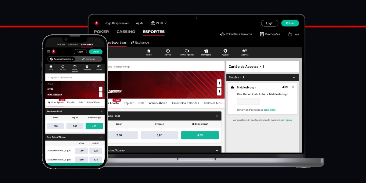 Imagem mostra smartphone e notebook abertos na página de transmissão ao vivo da PokerStars
