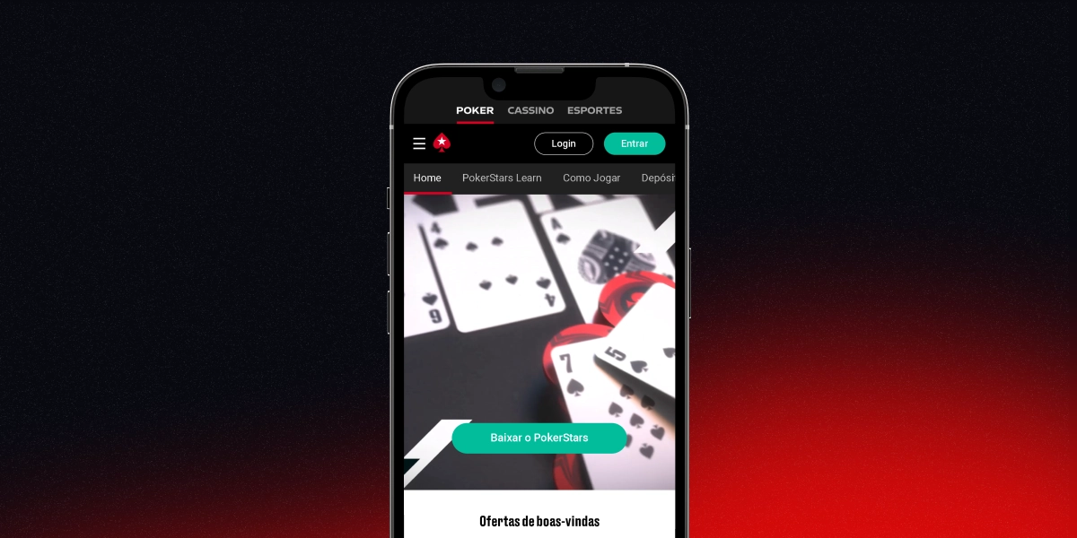 Imagem mostra smartphone e notebook abertos na página principal no app da PokerStars
