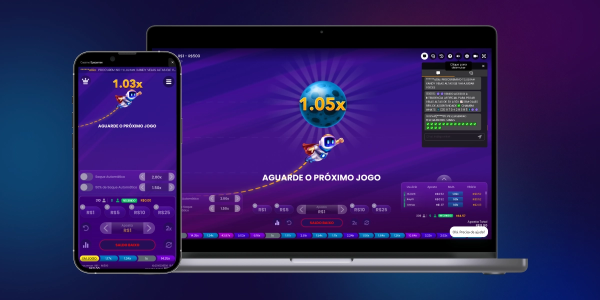 imagem mostra smartphone e notebook abertos no jogo Spaceman no site da Esportes da Sorte