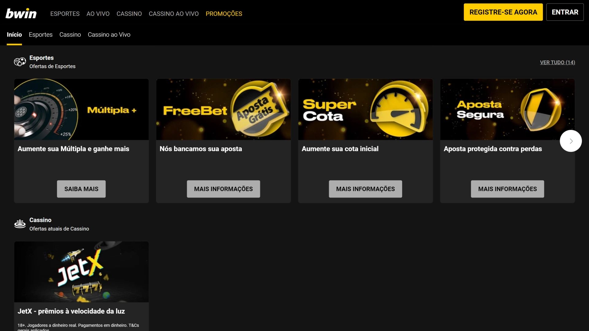 Screenshot mostra página de bônus da Bwin