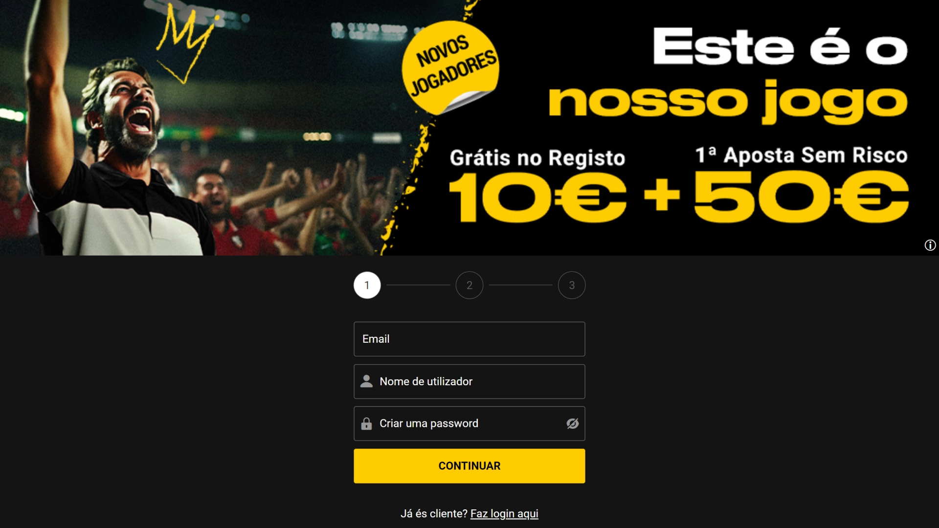 Screenshot mostra página de registro da Bwin