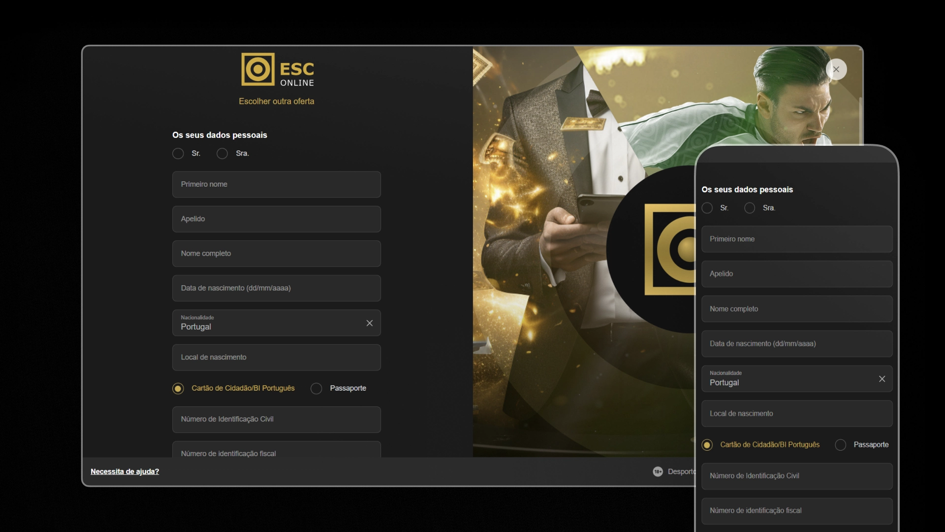 captura de ecrã registo ESC Online