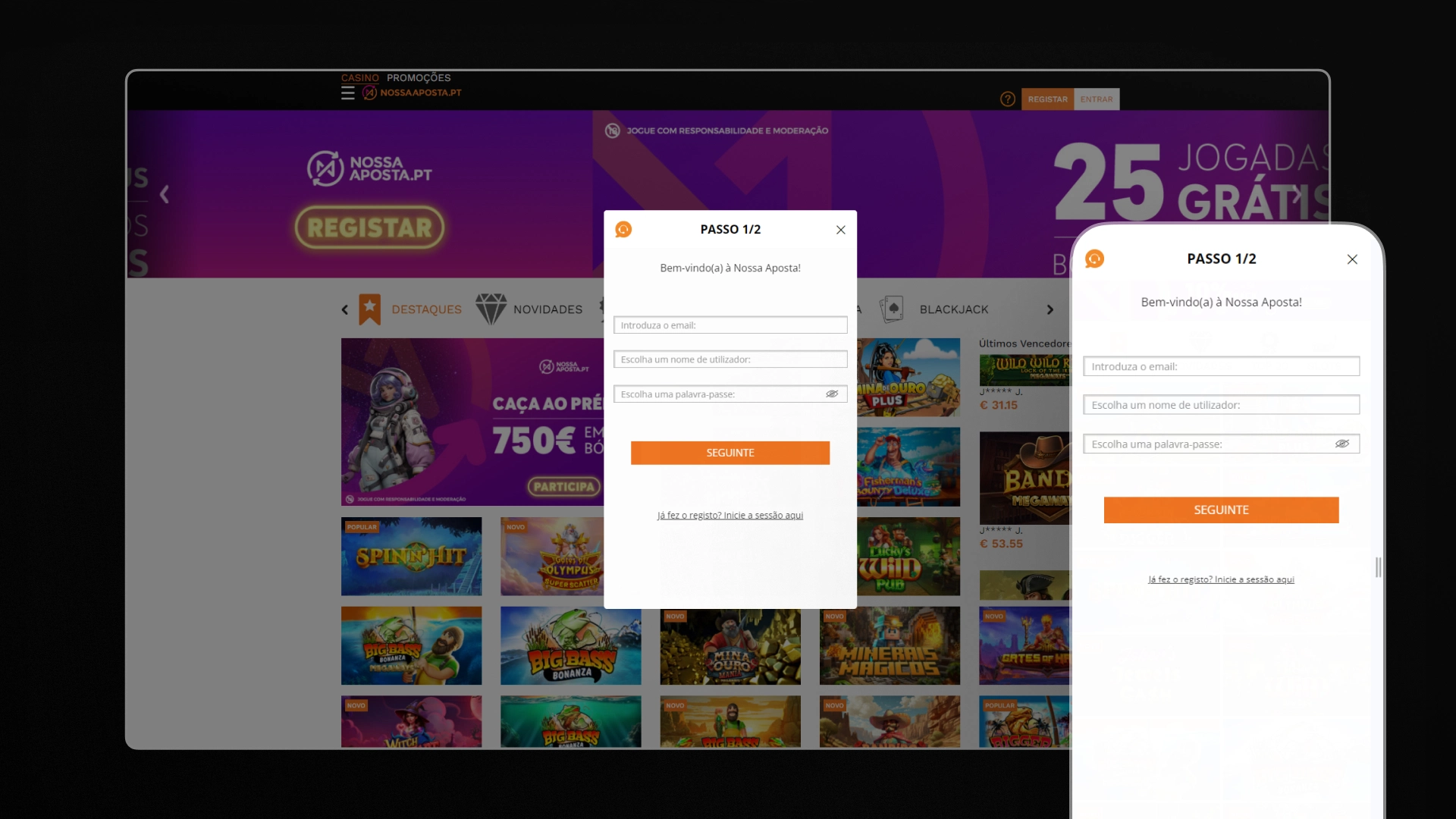 captura de ecrã registo nossa aposta