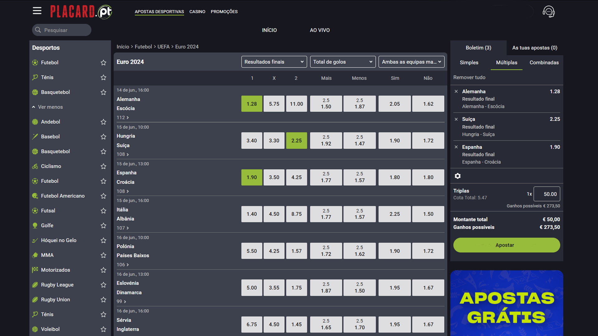 Print mostra página de boletins de apostas da Placard