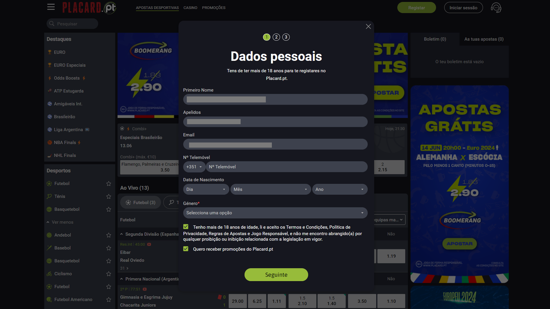 Print mostra página de registro da Placard