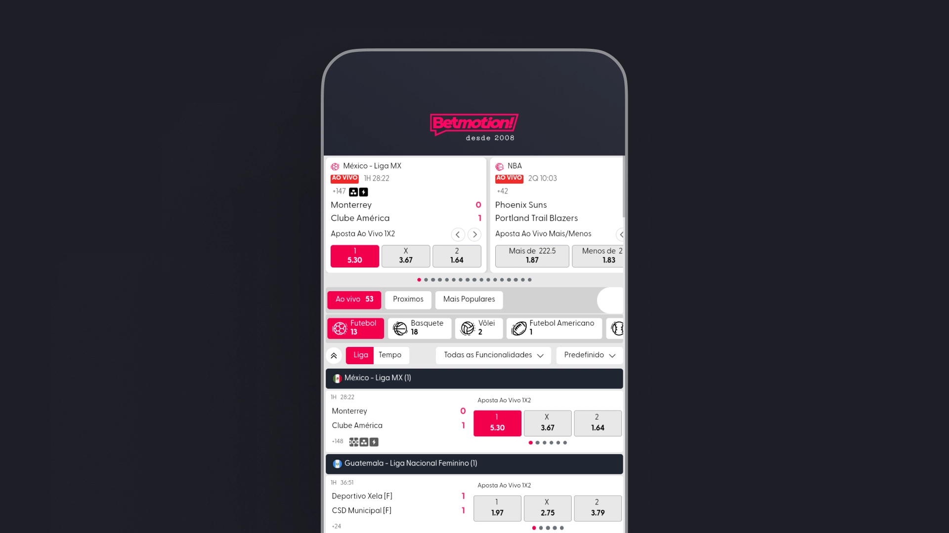 Imagem mostra celular aberto na página de apostas da Betmotion