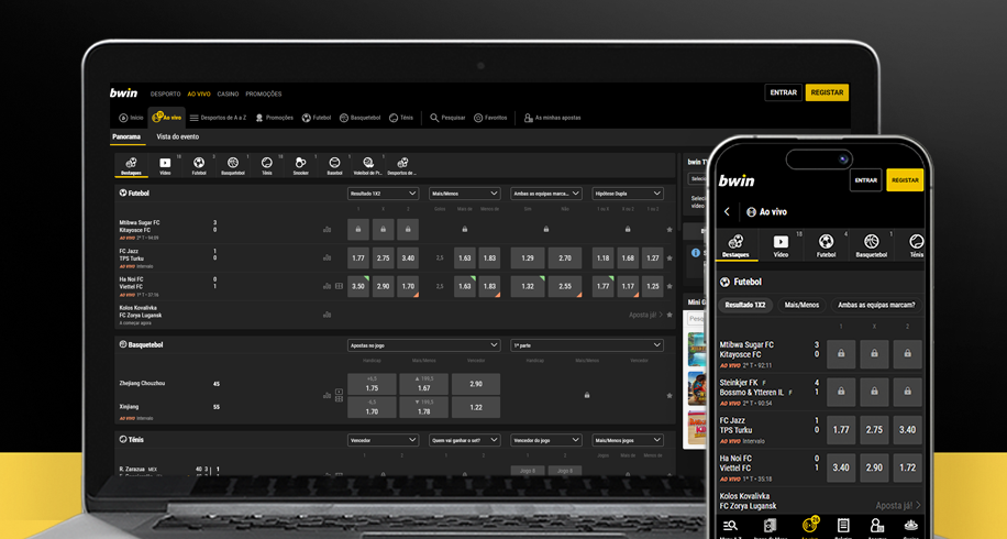 Imagem mostra smartphone e notebook abertos na página de transmissão em direto da Bwin