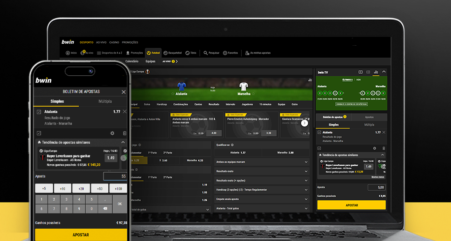 Imagem mostra smartphone e notebook abertos na página de apostas da Bwin