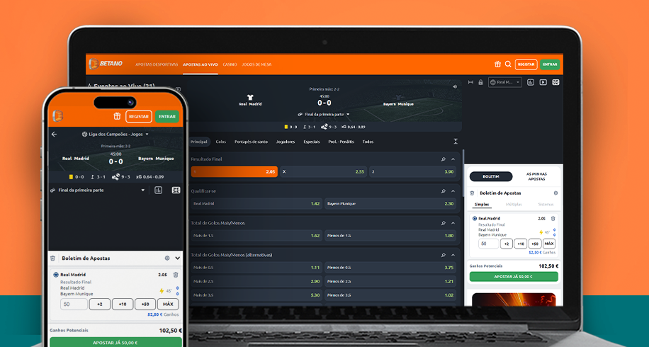 Imagem mostra notebook e smartphone aberto na página de apostas da Betano