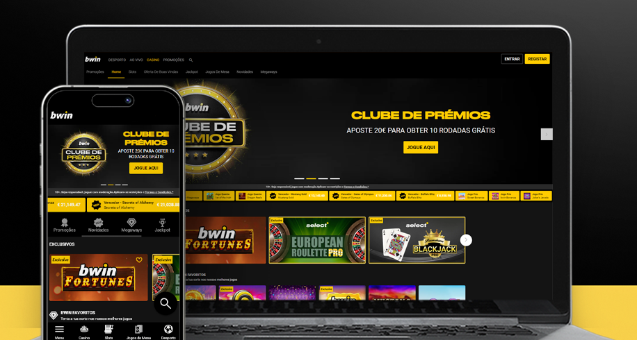 Imagem mostra smartphone e notebook abertos na página de casino da Bwin