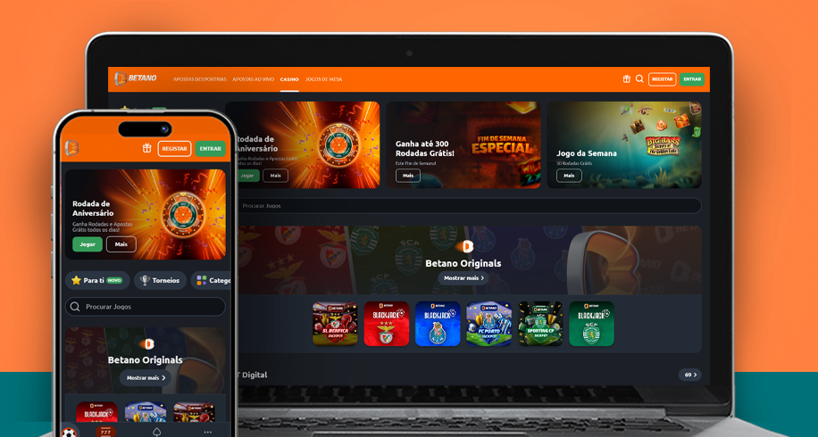 Imagem mostra notebook e smartphone aberto na página de cassino da Betano